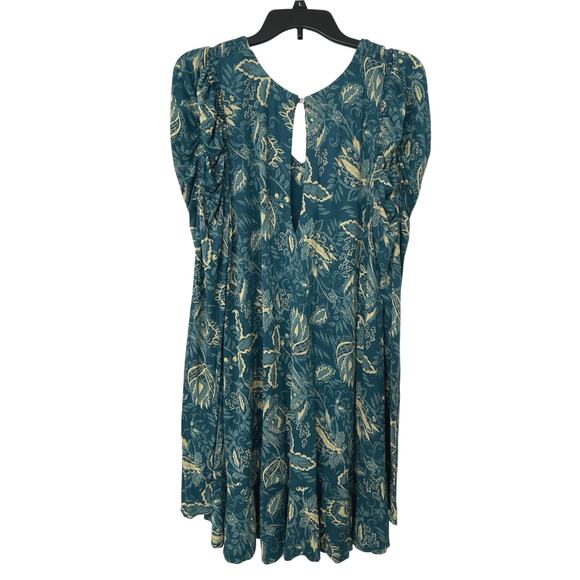 Free People Hello Lover Turquoise Floral Puff Sleeve Mini Dress Tunic Top L Boho - Picture 5 of 16